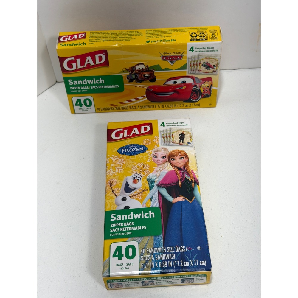 2 Glad Disney Pixar Cars & Frozen Sandwich Zipper Bags car 40 bags - frozen 39‎